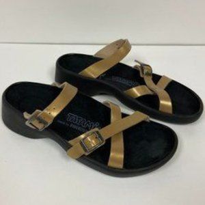 Tatami By Birkenstock Gold Cross Strap Leather Comfort Slip On Slide Sandals